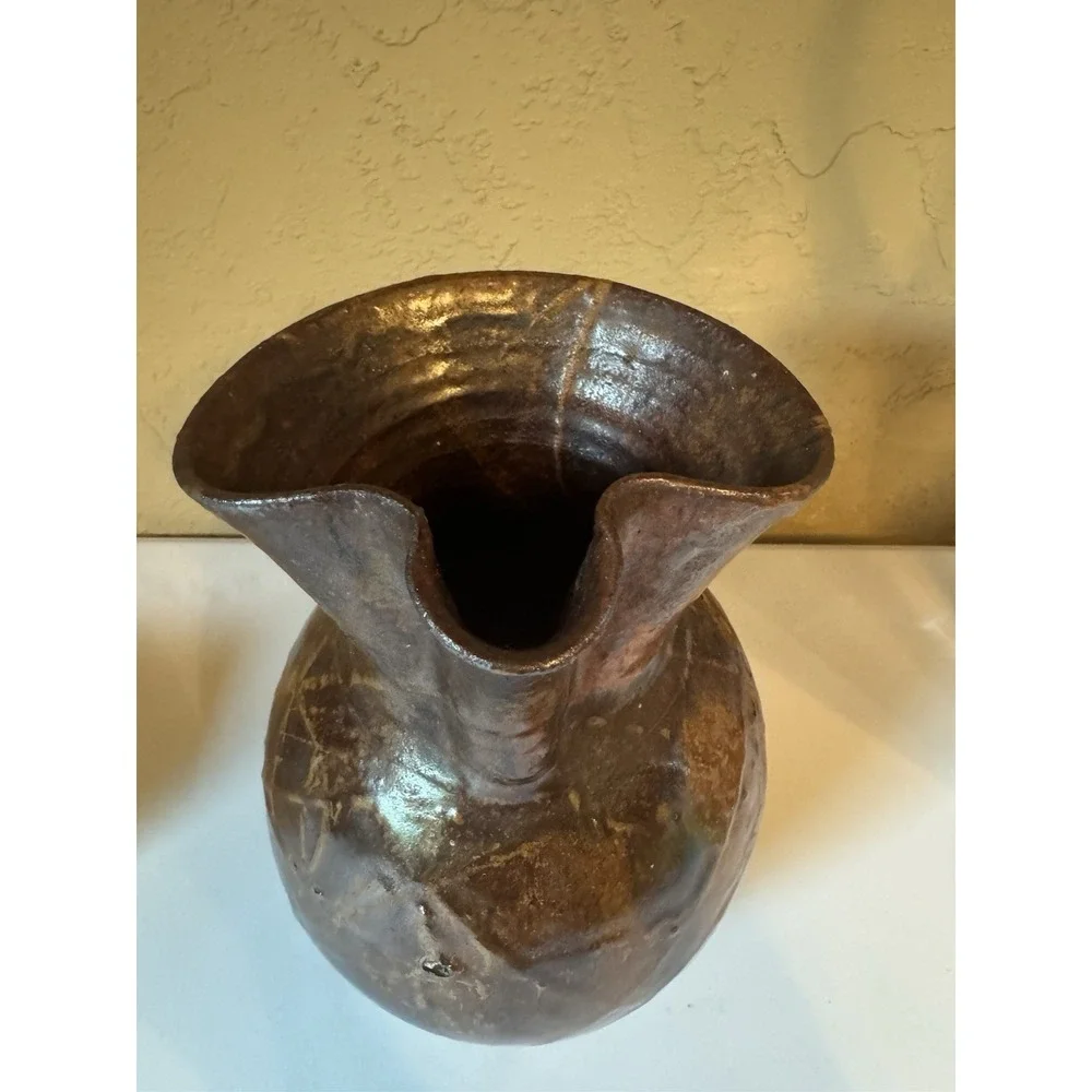 Vintage Studio Pottery Pitcher Hand Thrown Faceted Brown Glaze Art Jug Rustic